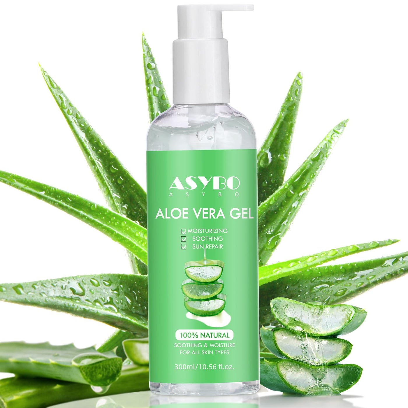 ASYBO 300 ml Aloe Vera Gel, 100% Natural Pure Aloe Vera Hydrating Facial Cream, Soothing & Moisturizing, After Sun Care, Reduce Acne, Repair Scars, Suitable for All Skin Types