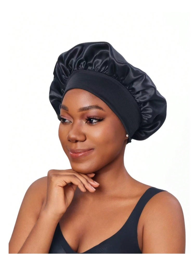 Black Satin Sleep Cap – Soft Hair Protection Hat for Night or Travel