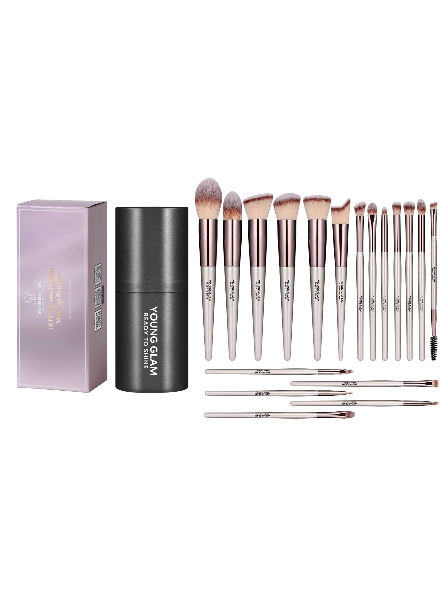 Young Glam Essentials Makeup Brush Set 18 Pcs with Blending Eyeshadow Brushes, Powder Brushes, Angled Brushes Pink Silver with Black Travel Case