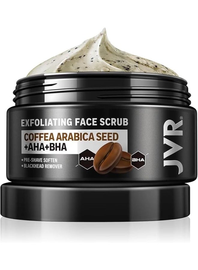 JVR Face Scrub for Men, Facial Scrub for Deep Exfoliating, Cleansing, Removing Blackheads, Ingrown Hair, Pre-shave Soften, Organic Formulated with Coffee Extract, AHA and BHA Face Exfoliator (4.23 oz)