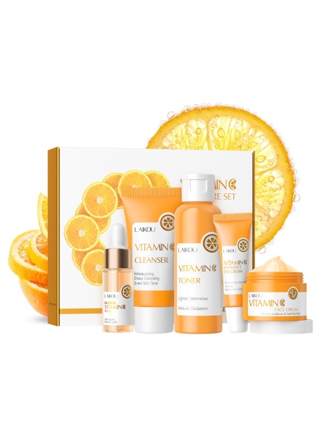 LAIKOU Vitamin C Skin Care Set, 5 Pcs Skincare Kit for Women, with Vitamin C Serum for Face Toner Eye Cream Face Cream Cleanser, Skin Care Gift Set for Women Teenage Girls Mom Daughter