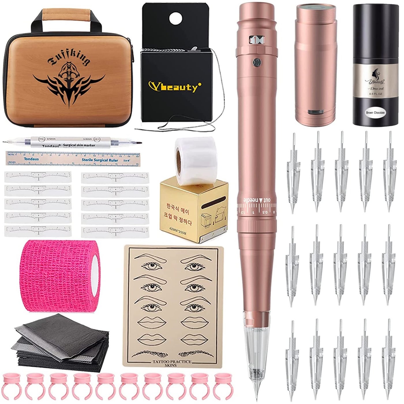 YBEAUTY Permanent Eyebrow Makeup Tattoo Machine Kit with 700mAh Wireless Battery 15 pcs Cartridge Needles Microblading Supply for Eyebrow Lip Eyeliner Microshading Supplies(Pink Tattoo Kit)