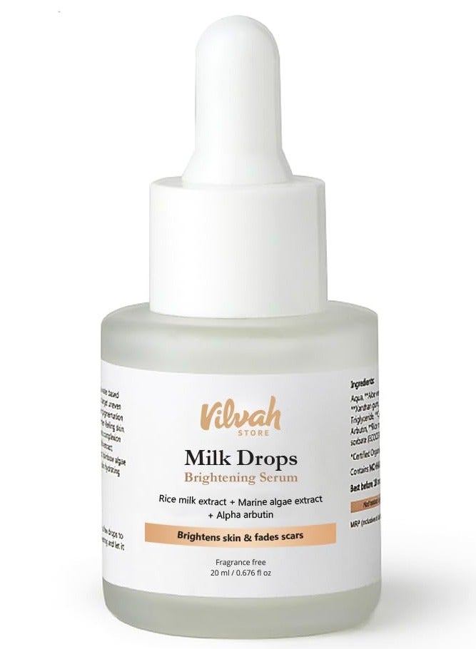 Vilvah Store Milk Drops Brightening Serum Formulated With Rice Milk Extract Marine Algae Extract Alpha Arbutin  Fades Scars Brightens Skin And Even  20ML