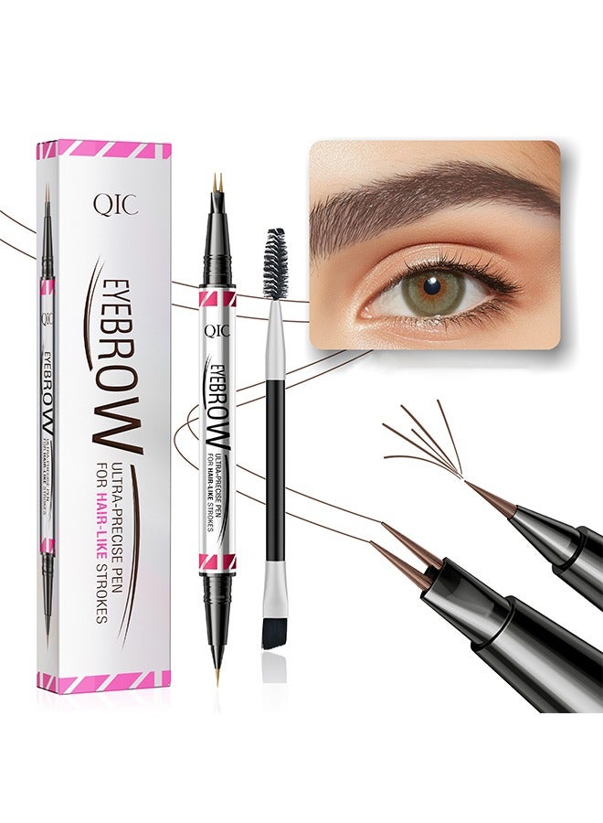 Eyebrow Pen, Ultra-Precise Pen for Hair-Like Strokes, Eyebrow Pencil 2-In-1 Dual-Ended Eyebrow Pen with Double Eyebrow Brush, for Natural Hair-Like Brows, Long Lasting, Brown