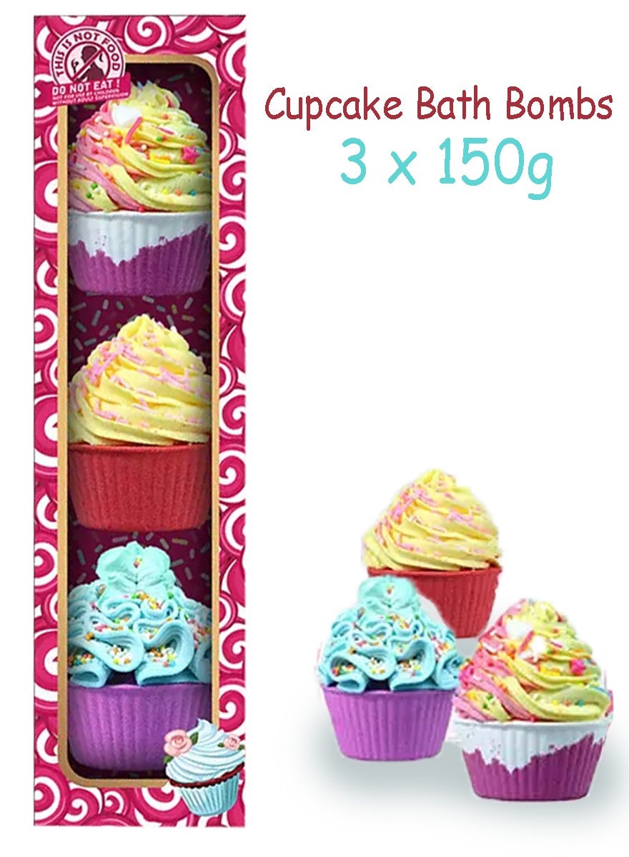 Pamper Beautiful Cupcake Bath Bombs in 3 Variety Scents, Vegan Friendly and Cruelty Free Gift Set 3x150g