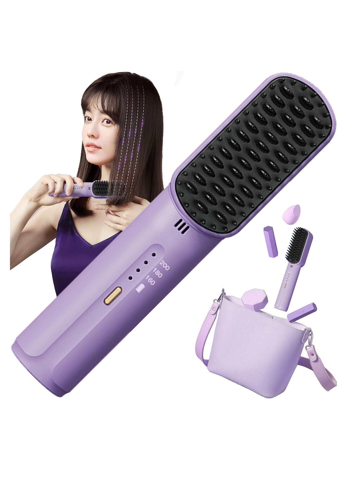 Cordless Hair Straightener Brush, Portable Mini Ionic Hot Comb Straightener for Women, Lightweight for On-The-Go Travel, Type-C Charging, Anti-Scald, Holiday Gift for Girl