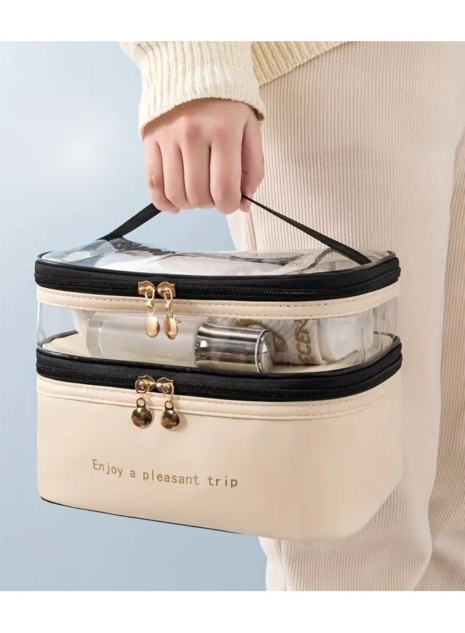 Double Layer Makeup Bag Solid Color PU Transparent Wash Bag Portable INS Fashionable waterproof Travel Portable large capacity Storage Bag - Beige