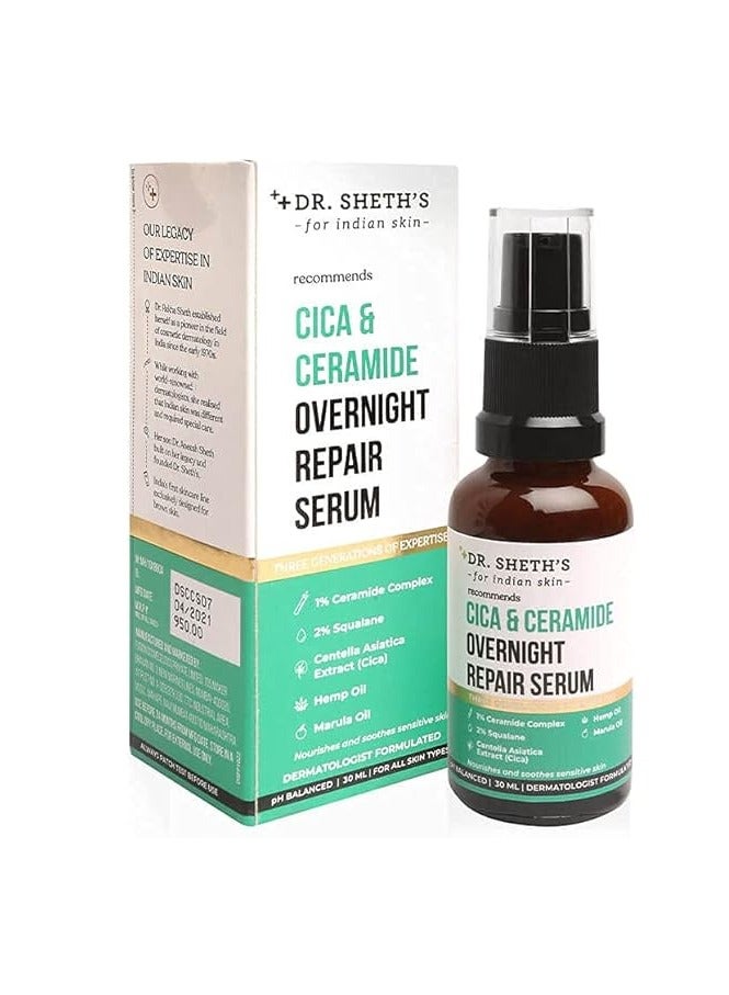 Cica & Ceramide Overnight Repair Serum For Glowing Skin | Repairs Skin With 2% Squalane, Marula Oil, 1% Ceramide Complex & Centella Extract Face Serum For All Skin Types -30ml