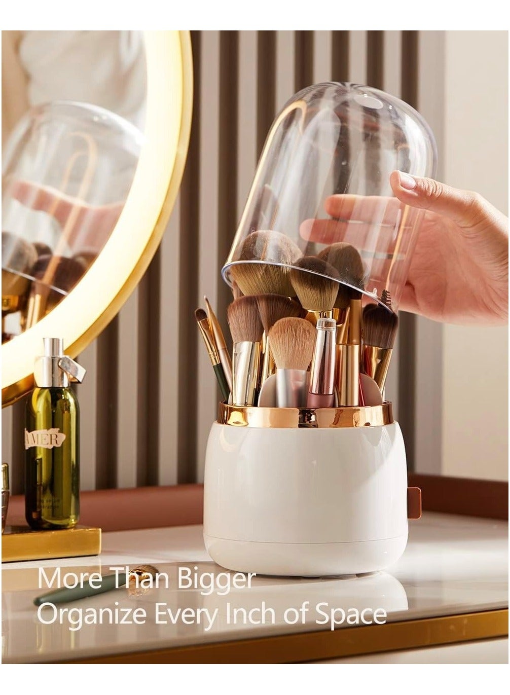 Lebenrich Rotating Makeup Brush Holder Organizer with Lid, Spinning Brush Holder Makeup Organizer with Clear Cover, Acrylic Cosmetics Make Up Brushes Storage Cup Container for Vanity