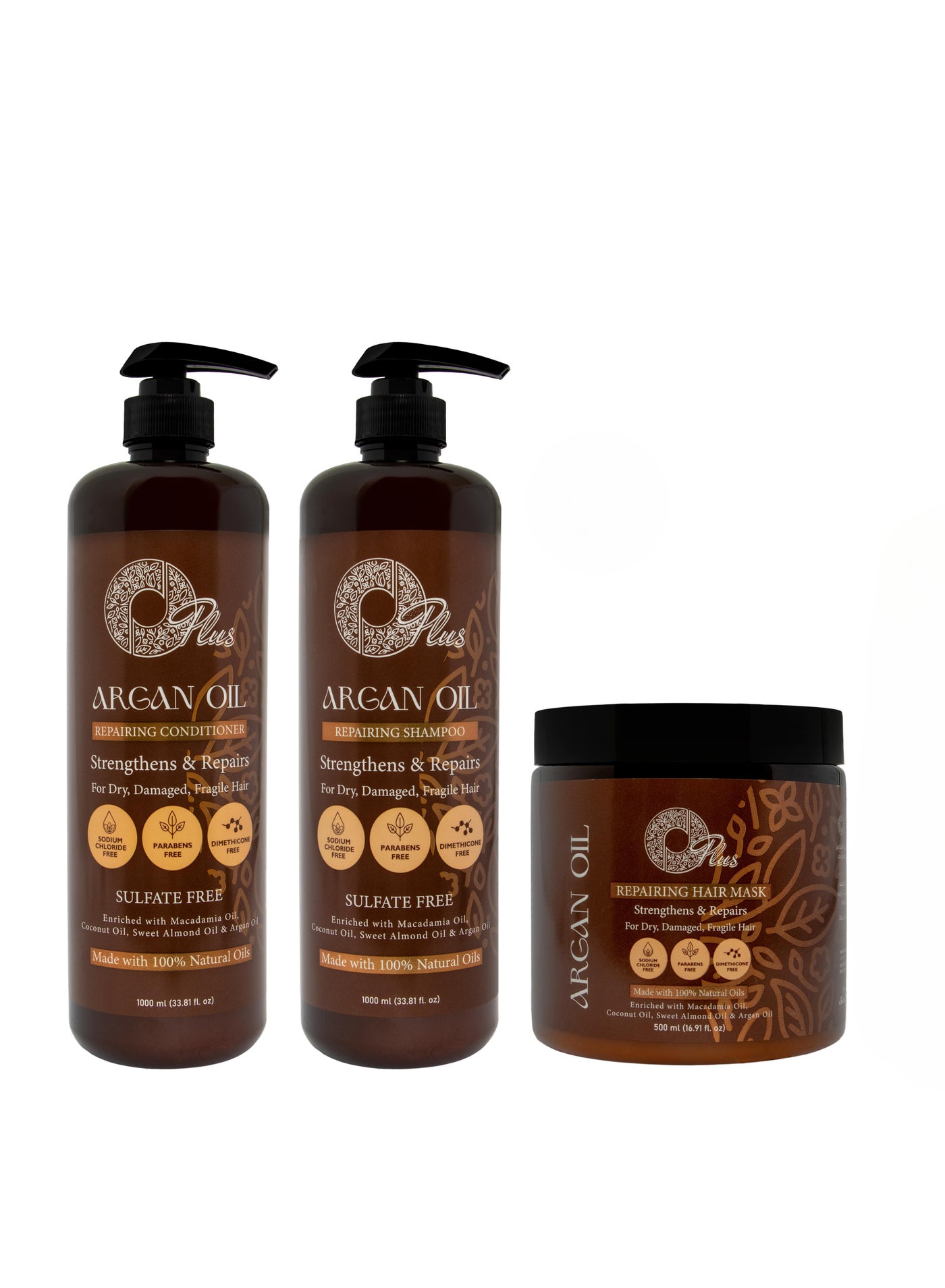 Oplus Argan Oil Hair Restoration Set: Jumbo Shampoo, Conditioner & Bath Oil