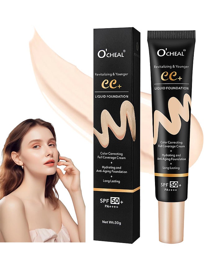 CC + Liquid Foundation, SPF50+ PA++++ Sunscreen, Colour Correcting Face Sunscreen And Foundation, Pre-Makeup Primer Moisturizing Skin Concealer, Ivory Color