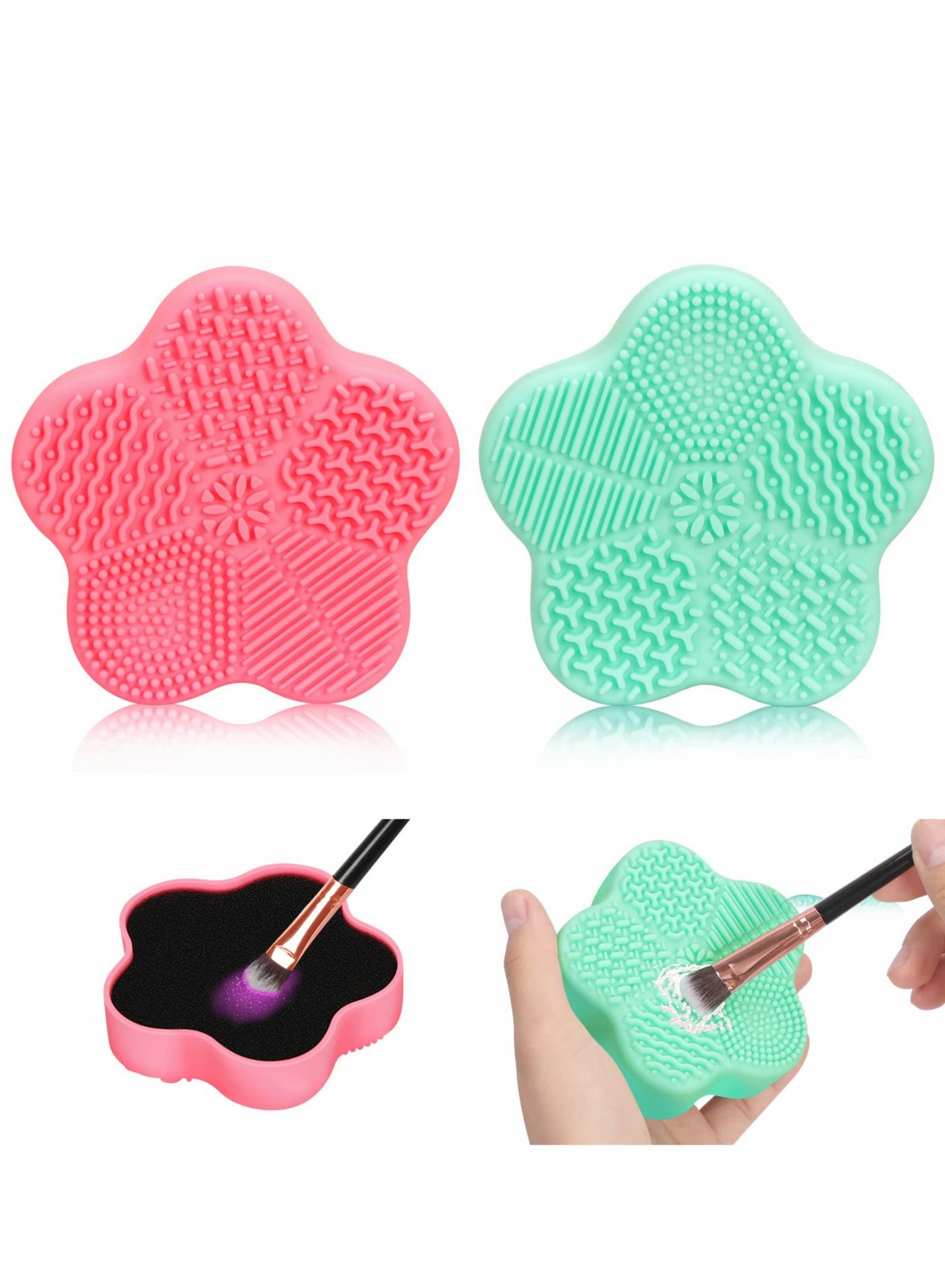 2 Pcs Makeup Brush Cleaning Mat, Cosmetic Brush Cleaning Pad with Color Removal Sponge, 2 in 1 Design Silicone Cleaner Box for Dry Brush Color Switch and Wet Cleaning, Flower Green & Pink