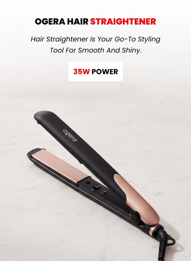 Hair Straightener – 35W Power, PTC Fast Heating, Ceramic-Coated Plates, Compact & Lightweight Design, Anti-Frizz Smooth Styling for All Hair Types – Model OG2302HST, Black & Rose Gold