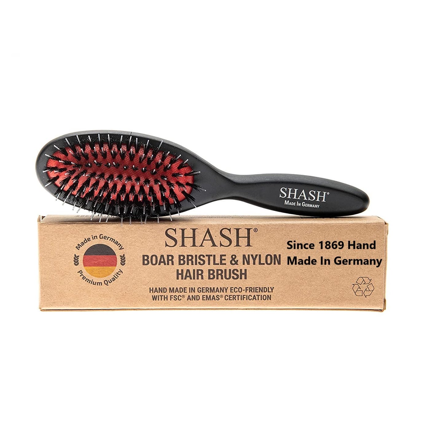 SHASH Since 1869 Hand Made In Germany - Nylon Boar Bristle Brush Suitable For Normal to Thick Hair Gently Detangles, No Pulling or Split Ends - Softens Improves Hair Texture, Stimulates (Extra Small)