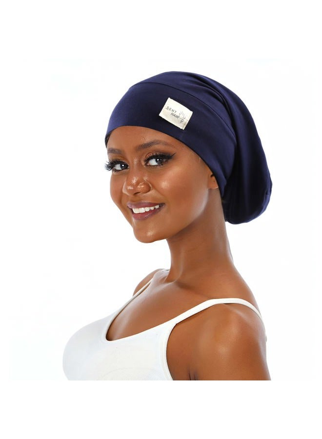 Satin Lined Bonnet for Women Hair Cover, Adjustable Modal Cotton Slouchy Beanie, Night Sleeping Slap Cap for Long Curly Hair/Braids/Dreadlocks (Navy Blue)