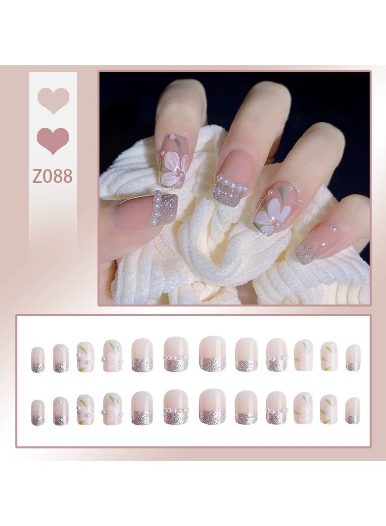 French Pearl Camellia Press On Nails – Short Square Pure Style Glitter Fake Nail Tips, 24pcs Reusable, Elegant Daily Wear