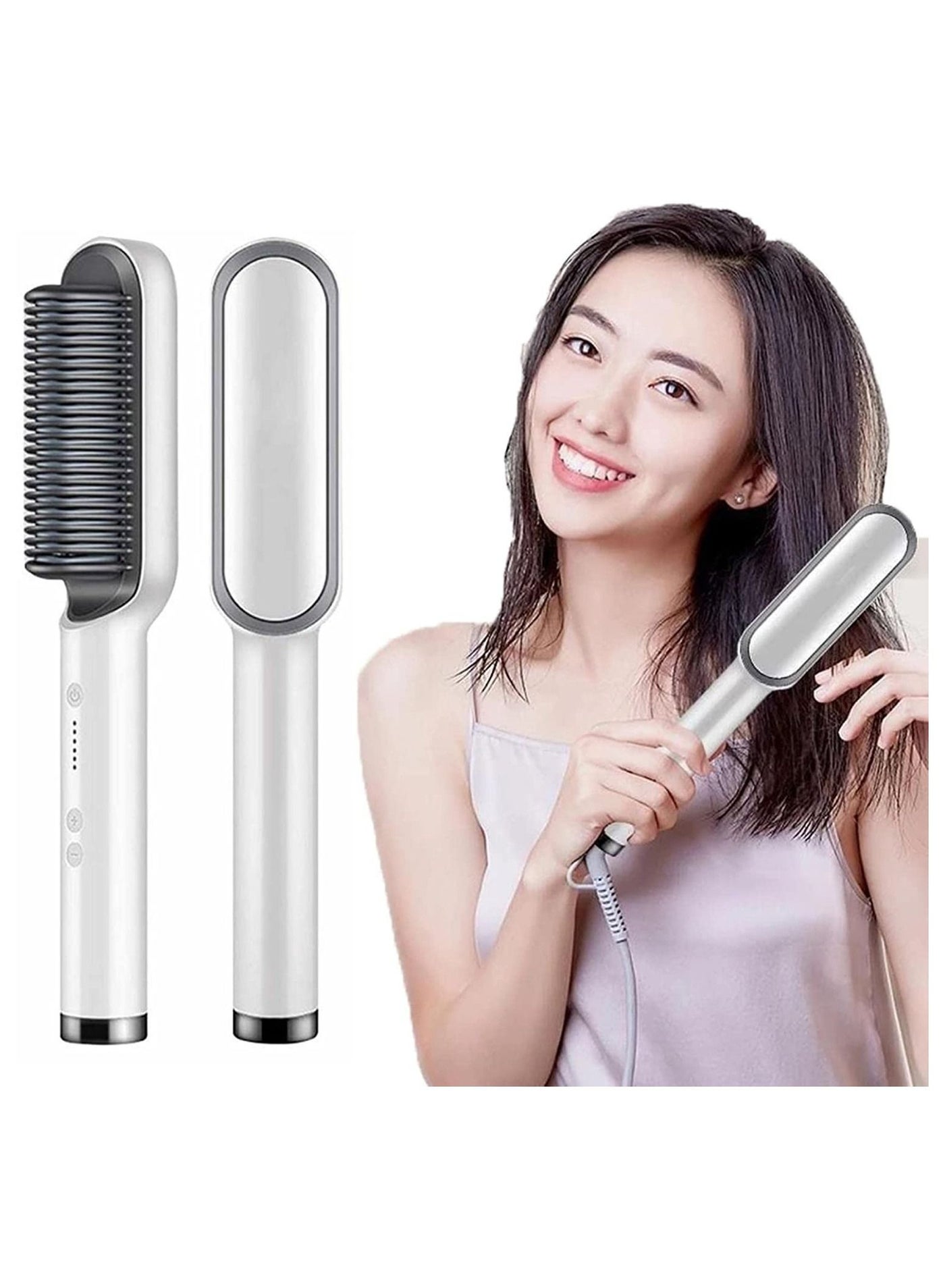 Hair Straightener Brush, Ionic Hair Straightener and Curler 2 in 1, Fast Heating & 5 Temp Settings, Auto Temperature Lock Hot Comb（White）