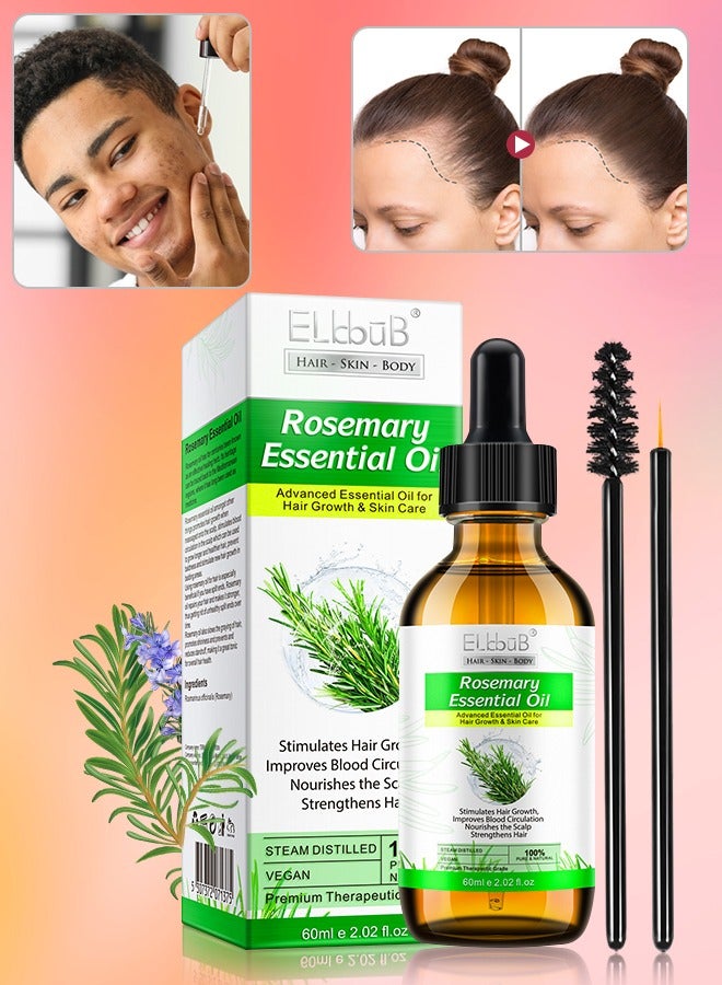 60ml Rosemary Essential Oil  for Hair Growth Pure Organic Rosemary Oil for Dry Damaged Hair and Growth Hair Scalp Oil  Pure and Natural Premium Quality Oil Hair Loss Treatment Oil for Men and Women