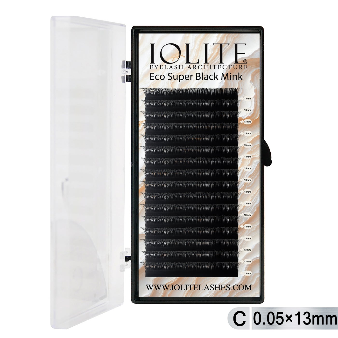 Iolite Super Black Mink Lash Extension – C Curl 0.5T Mix (6mm–15mm) | Premium Black Mink Eyelash Extension Tray for Lash Artists ISBMC5T - 13MM