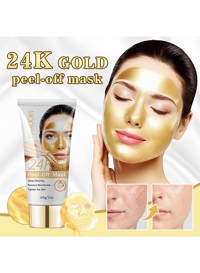 24K Gold Peel Off Mask - To Lift, Brighten and Rejuvenate Skin, Removes Blackheads, Dirt and Oil Reduces Wrinkles, Fine Lines and Acne Scars 60g