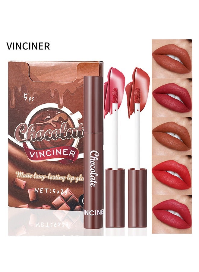 Chocolate Matte Long Lasting Lip Gloss- 5 Colors Nude Lipstick Set Liquid Lipstick- Velvet Lip Gloss Lip Stain Long Lasting Waterproof Nude Pink Lipstick Set for Women Lip Makeup Kits #02