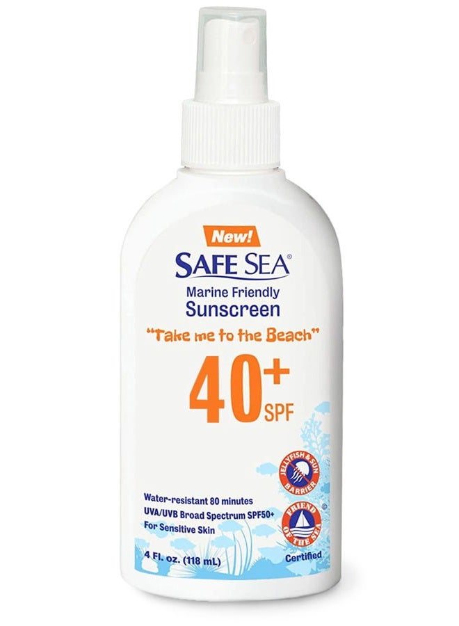 Safe Sea Jellyfish Sting-Blocking Sunscreen, SPF 40+ Spray 4 Fl oz, Waterproof, Biodegradable, Coral Reef-Safe – Body and Face Sunscreen, Anti-Jellyfish and Sea-Lice sting protection.
