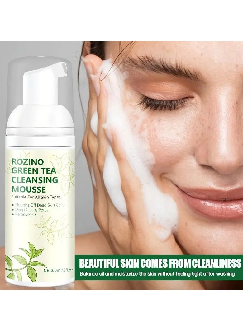 Green Tea Cleansing Mousse, 60ml -  Face Cleansing Foam, Exfoliating, Paraben-Free, Tea Tree Oil Infused, Tea Tree Scent, All Skin Types,