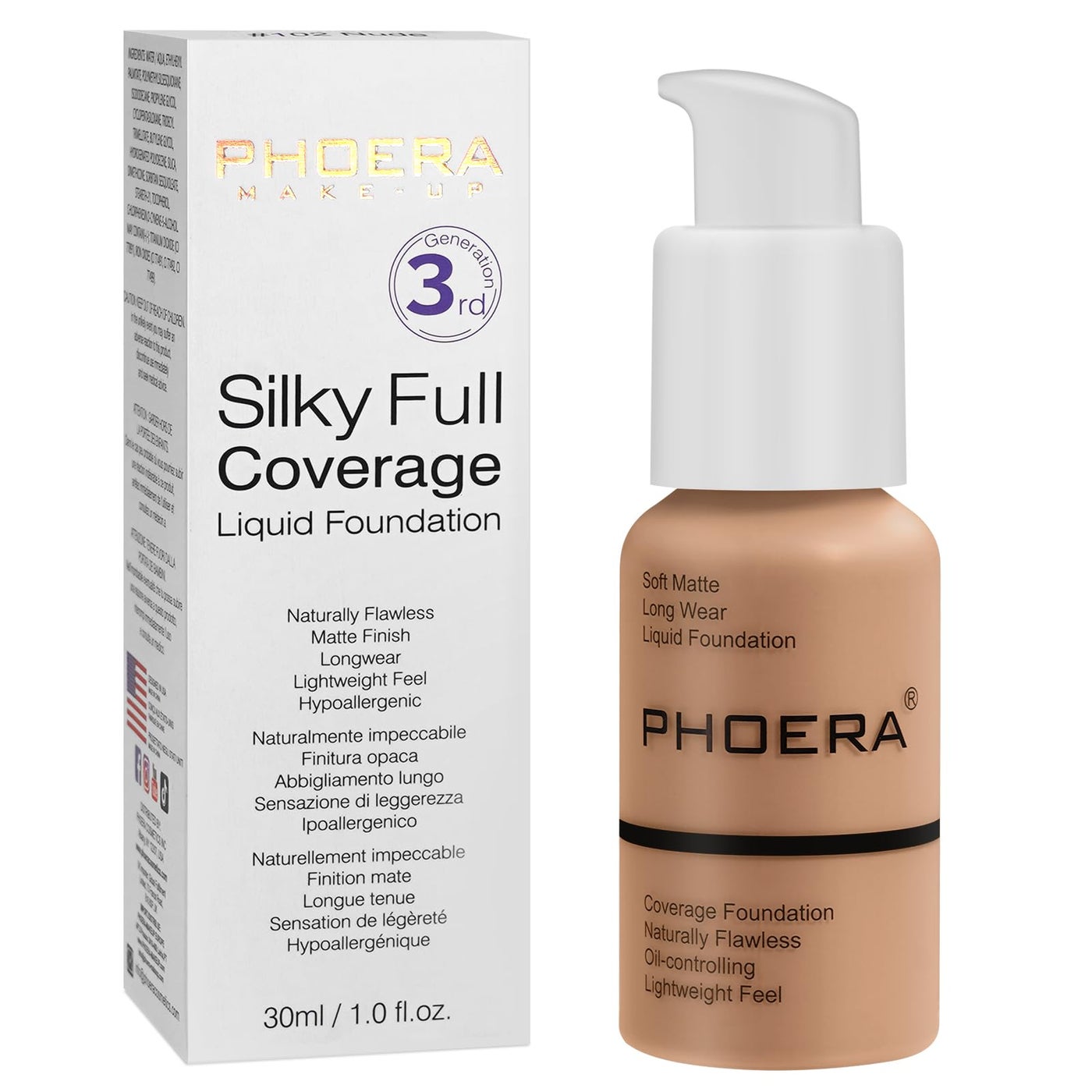 PHOERA Foundation, 1 pcs-105- Sand, Full Coverage Concealer, 30ml, Matte Liquid Foundation, Cruelty-free, Vegan Guarantee
