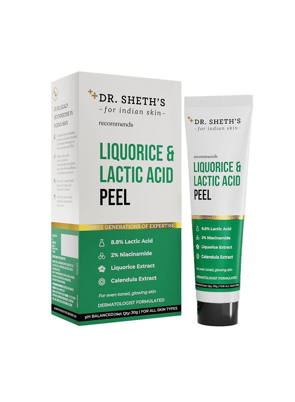 Dr. Sheth's Liquorice & 8.8% Lactic Acid (AHA) Chemical Peel For Even-Toned, Glowing Skin With 2% Niacinamide, Calendula Extract, AHA Peeling Solution For Face, Chemical Exfoliator For Unisex, 30g