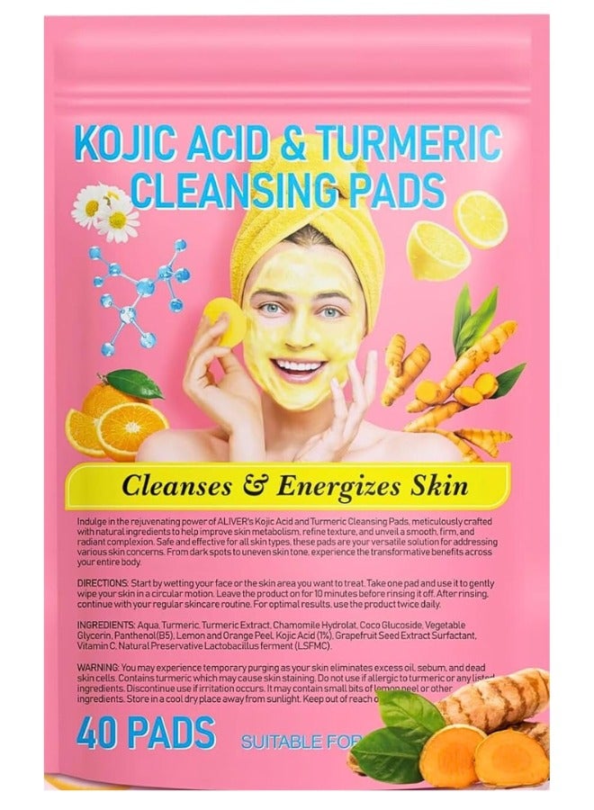 40Pcs Kojic Acid & Turmeric Cleansing Pads for Dark Spots Turmeric Kojic Acid Cleansing Pads Helps Balance Skin Oil & Water Fade Spot Remove Excess Keratin Clean Oil Kojic Acid Pads