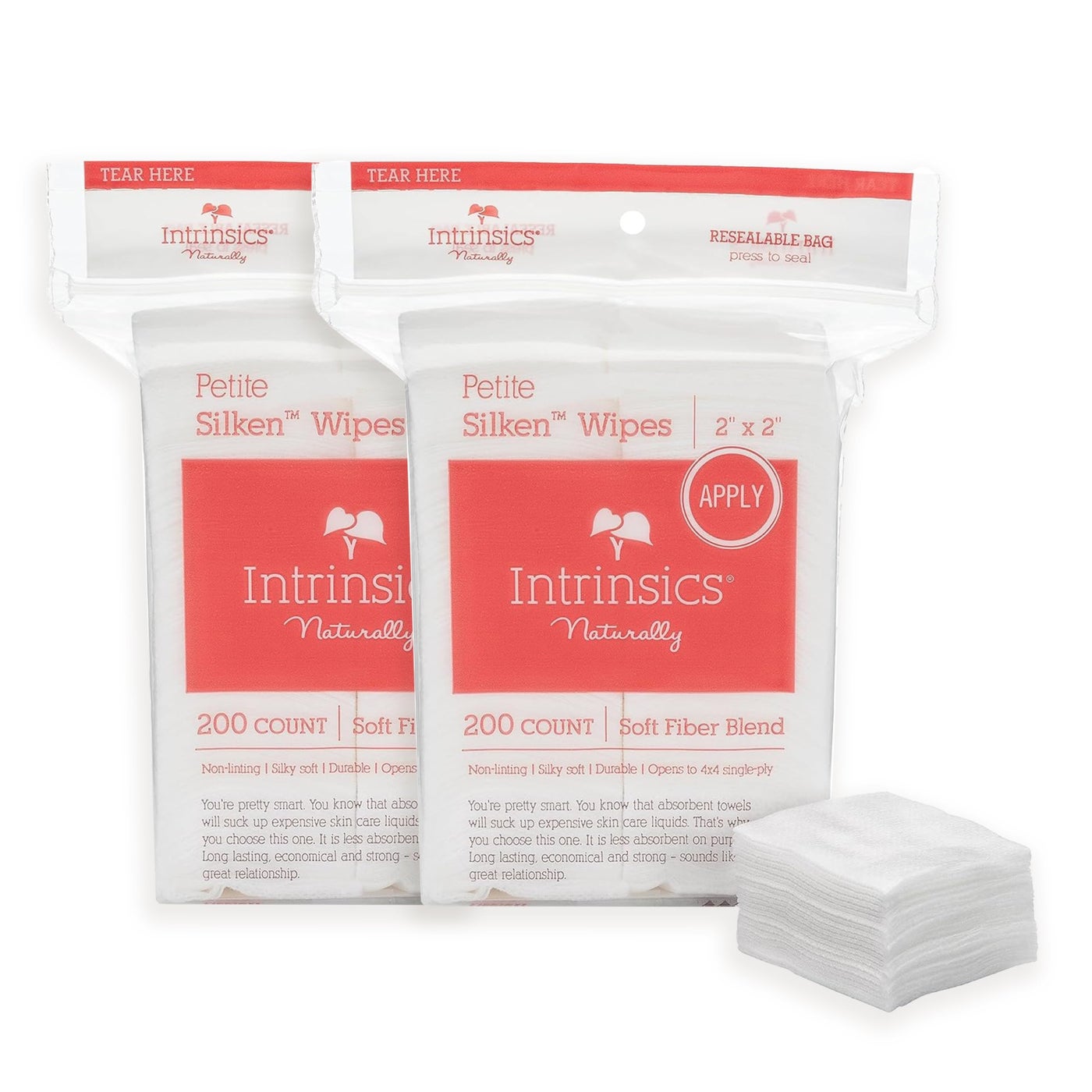 Intrinsics Petite Silken Wipes â€“ 2"x2" 4-Ply Lint-Free Cotton Pads â€“ Low-Absorbent, Soft, and Biodegradable â€“ 2 Pack (400 Count )