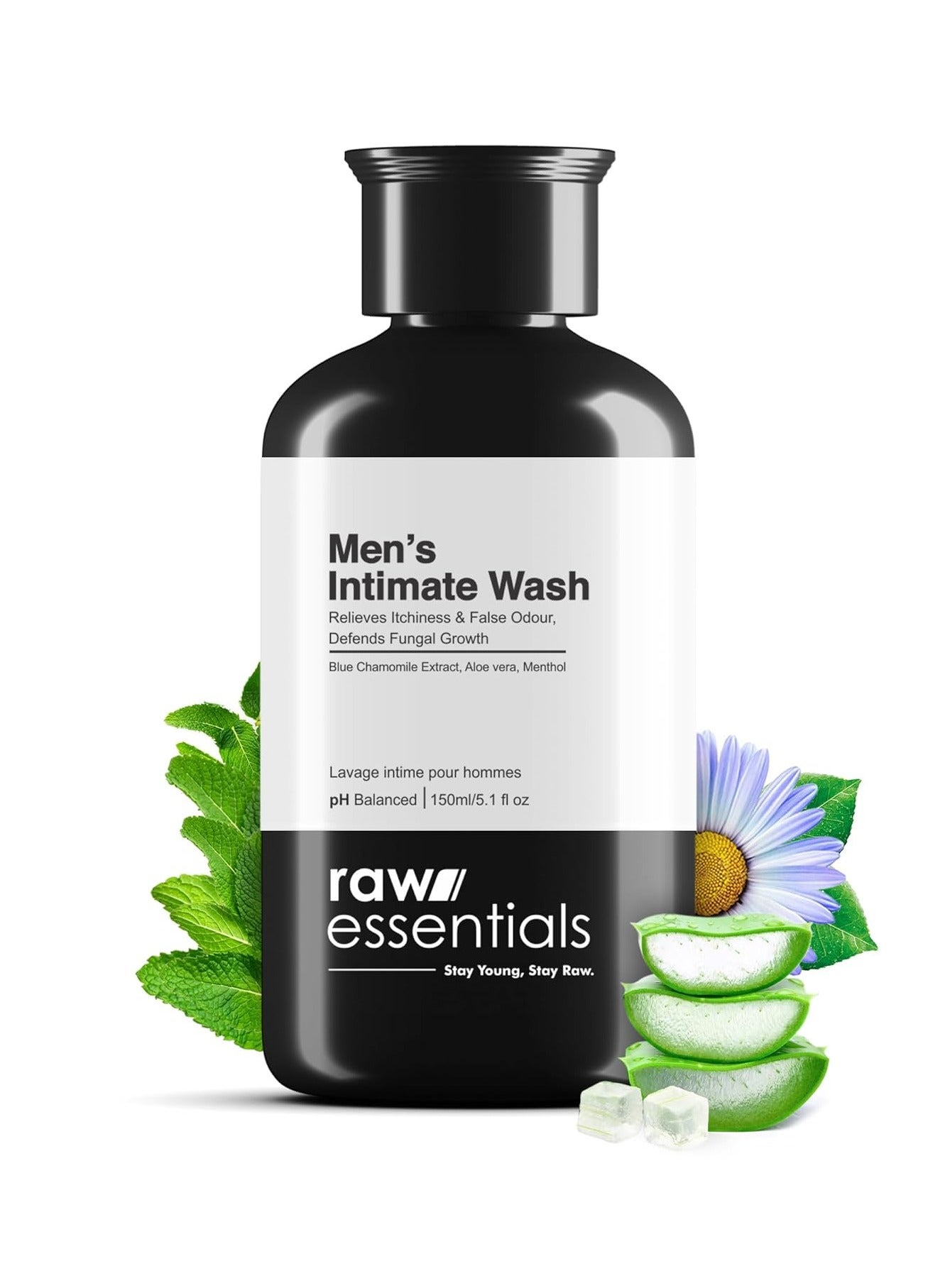 Raw Essentials Intimate Wash for Men 150 ml, Relieves Itchiness & Odour, Prevents Fungal Growth, Brightens Groin Area, pH Balanced, Sulphate Free, Paraben Free