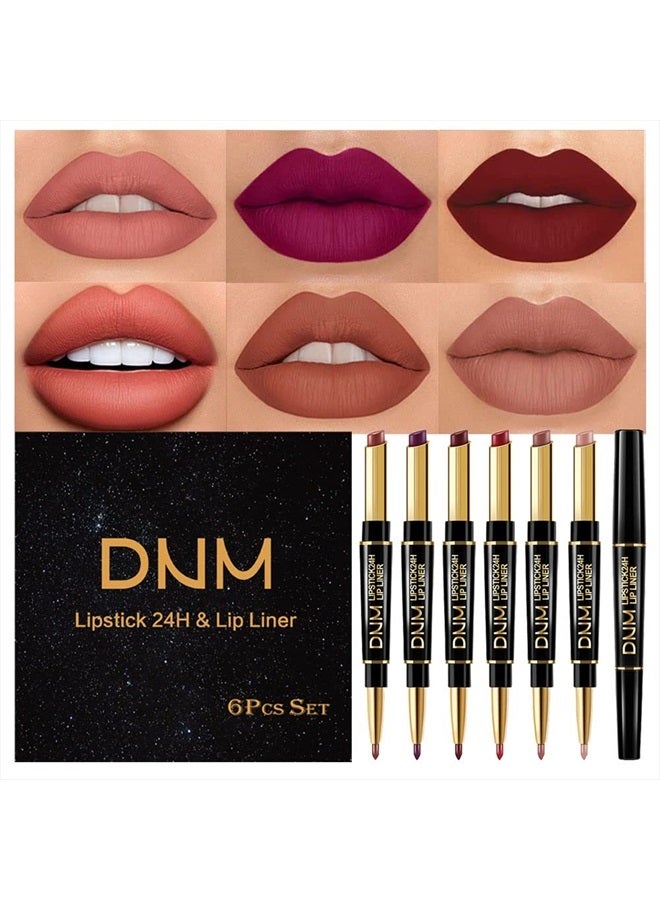 6Pcs Waterproof Lip Liner and with Lipstick Set Kit Last All Day DNM Chestnut Nude Dark Brown Matte Red 24 Hour Lipstick and Lip Liner Set long lasting 24 pen labiales mate 24 horas originales