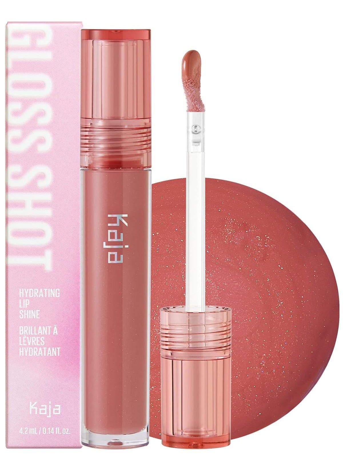 Lip Balm - Gloss Shot - Pink Drink Nude Beige Lip Gloss with White Pearls - High Shine Sheer Hydrating Non-Sticky Juicy Plumper Lips with Jojoba Oil Shea Butter 0.14 FL Oz