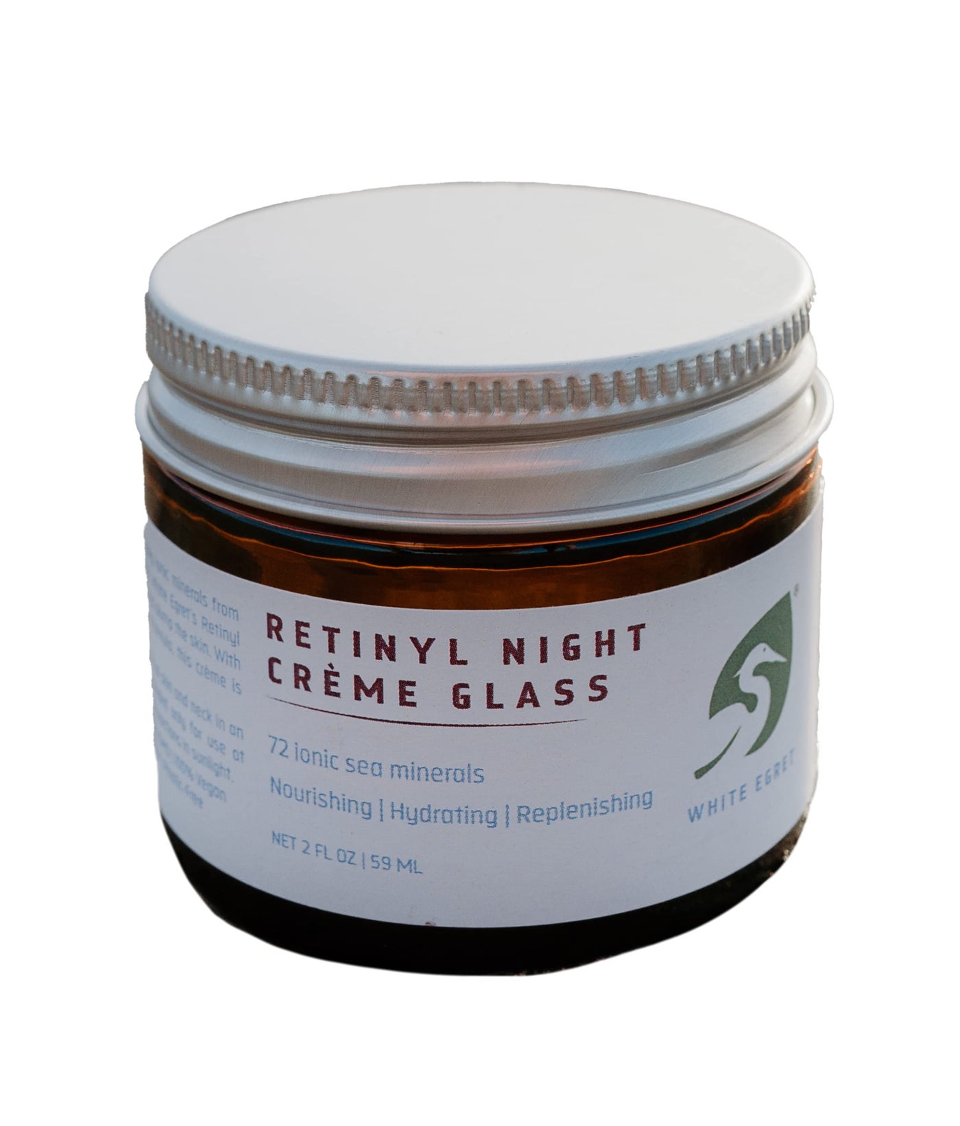 White Egret Retinyl Night Creme with 72 Ionic Sea Minerals for Nourishing, Hydrating, and Replenishing Skin in a glass 2 fl. oz Jar