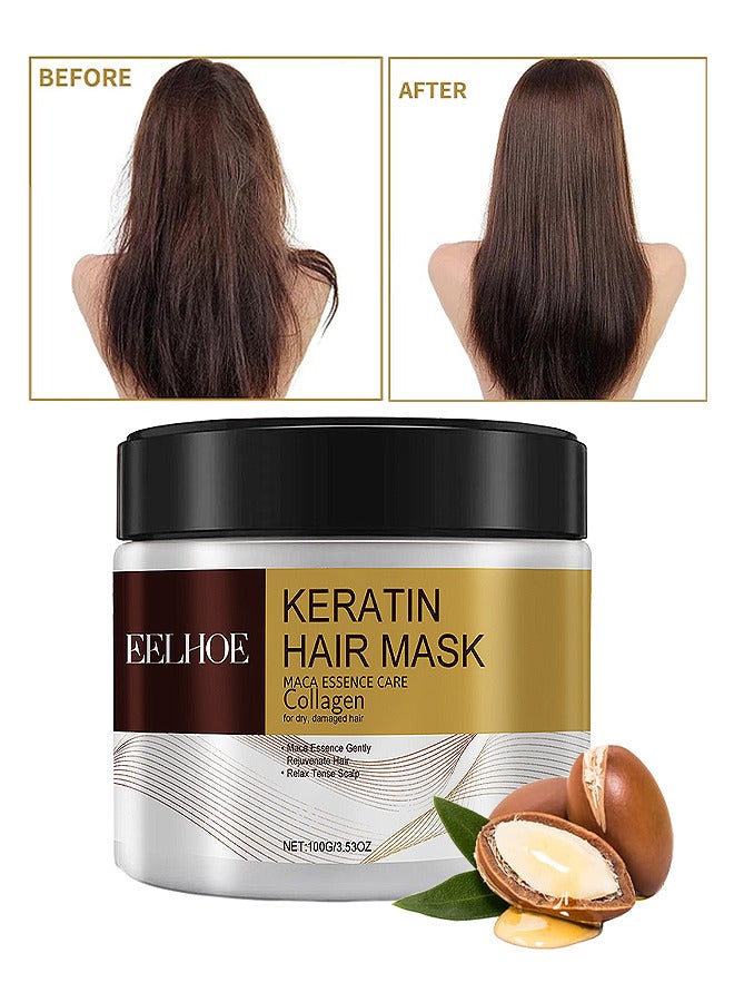 Collagen Keratin Hair Mask For Damaged Hair, Repair For Dry Damaged Or Color Treated Hair, Argan Oil Protein Treatment, Intense Moisture And Hydration For Curly Or Straight Thin Fine Hair, 100ML