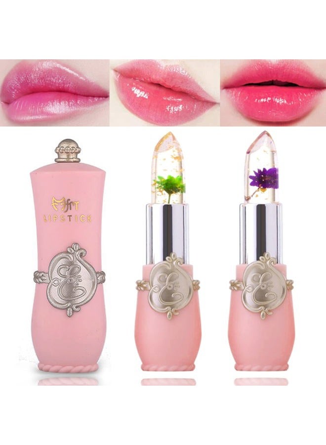 2 Pack Crystal Flower Jelly Lipstick,Magic Color Changing Lipstick,PH Clear Temperature Color Changing Lip Gloss,Lip Balm,Long Lasting Nourishing Moisturizing Lip Stick Set(Set C)