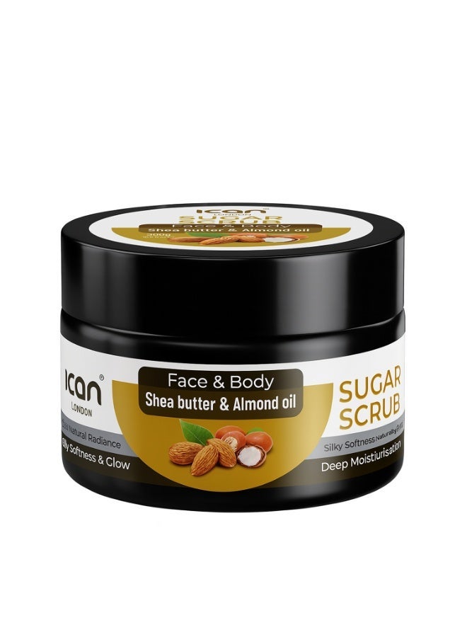 ICAN London Shea Butter & Almond Oil Sugar Scrub 300g | Deep Exfoliating Face & Body Scrub for Brightening, Smooth & Nourished Radiant Skin