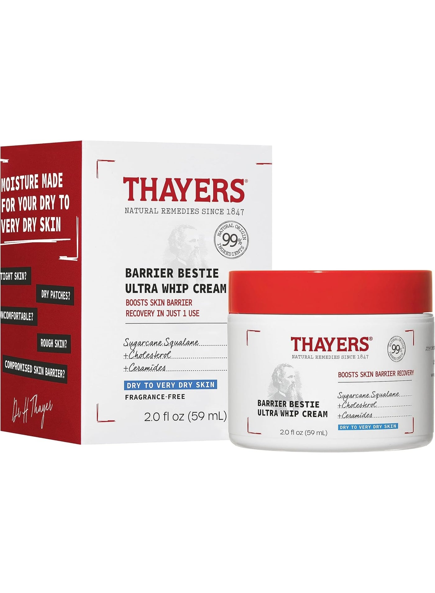 Thayers Barrier Bestie Ultra Whip Face Cream – Rich Moisturizer for Dry to Very Dry Skin, Strengthens Skin Barrier, 72-Hour Hydration, Fragrance-Free, Dermatologist Tested, 1.7 fl oz / 50 ml