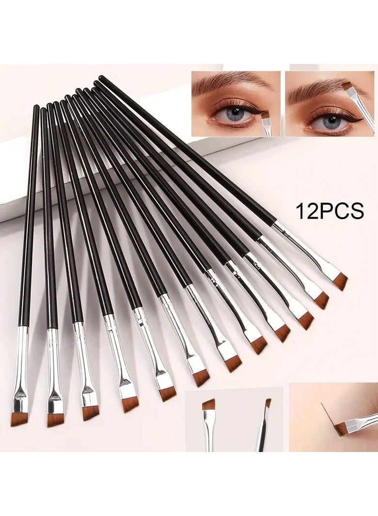 12pcs Ultra-fine Blade Eyeliner Brush Soft Hair Makeup Brush Portable Eyebrow Brush Multi-functional Makeup Tool - Black