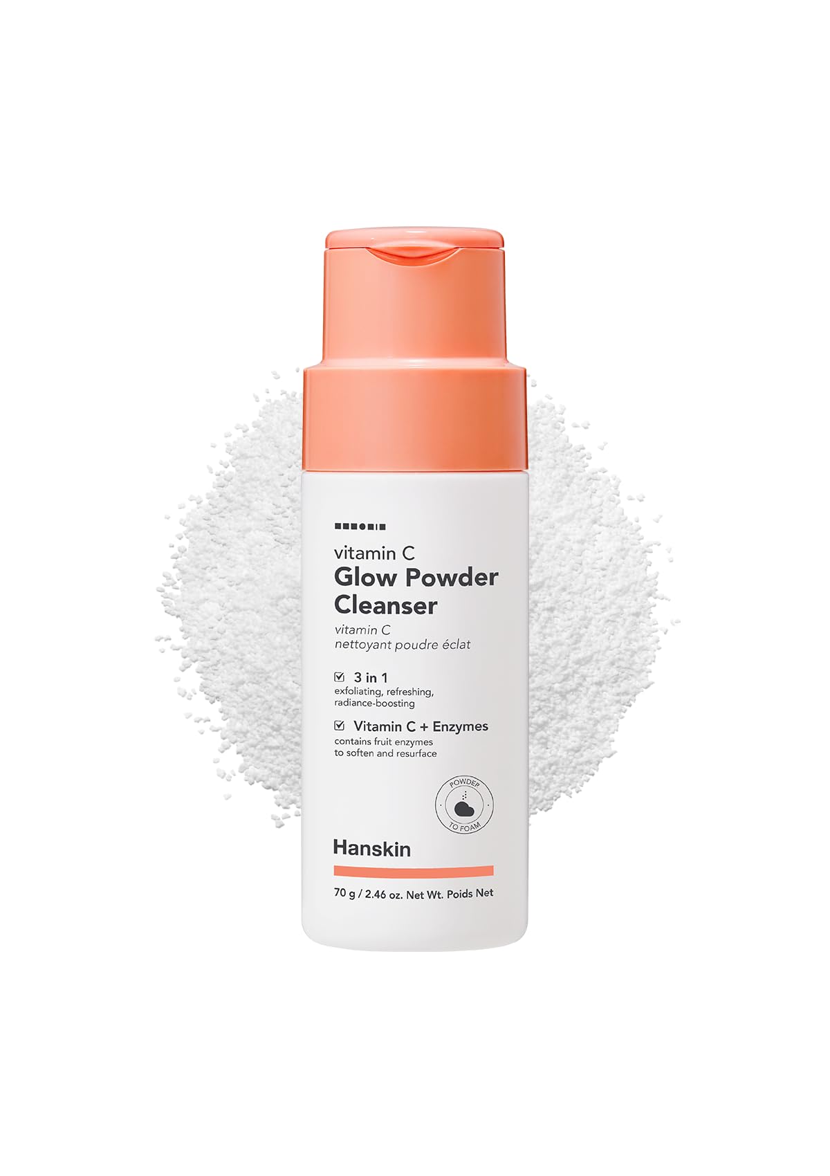 Hanskin Vitamin C Glow Powder Cleanser â€“ Korean Brightening, Exfoliating Face Wash | Papaya Enzyme + Vitamin C for Radiant, Smooth, Even-Toned Skin | Gentle Daily Powder-to-Foam Cleanser | 2.36 fl oz