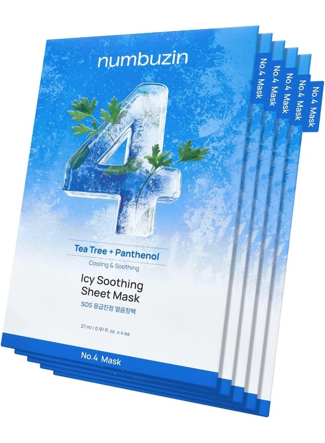 No.4 Sheet Mask | Icy Soothing Sheet Mask | Instant Cooling, Hydrating with Tea Tree Extract, Bergamot Leaf Extract | Soothes, Relieves Heated Skin | Korean Skincare (5 Count (Pack of 1))