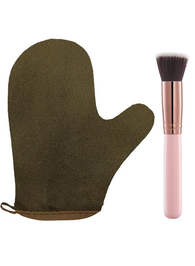 2 Pack Self Tanning Mitt Applicator Kit Set, Self Tanning Glove and Self Tanner Flat Top Brush, Tan Applicator for Sunless Self Tan (Bronze)