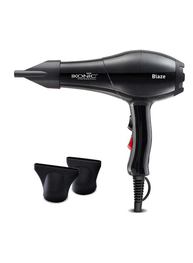 Ikonic Blaze Professional Hair Dryer, Black, 1800W–2000W Powerful AC Motor, 3 Heat & 2 Speed Settings, Cool Shot, 2 Interchangeable Nozzles, Overheat Protection, Quick Drying, All Hair Type