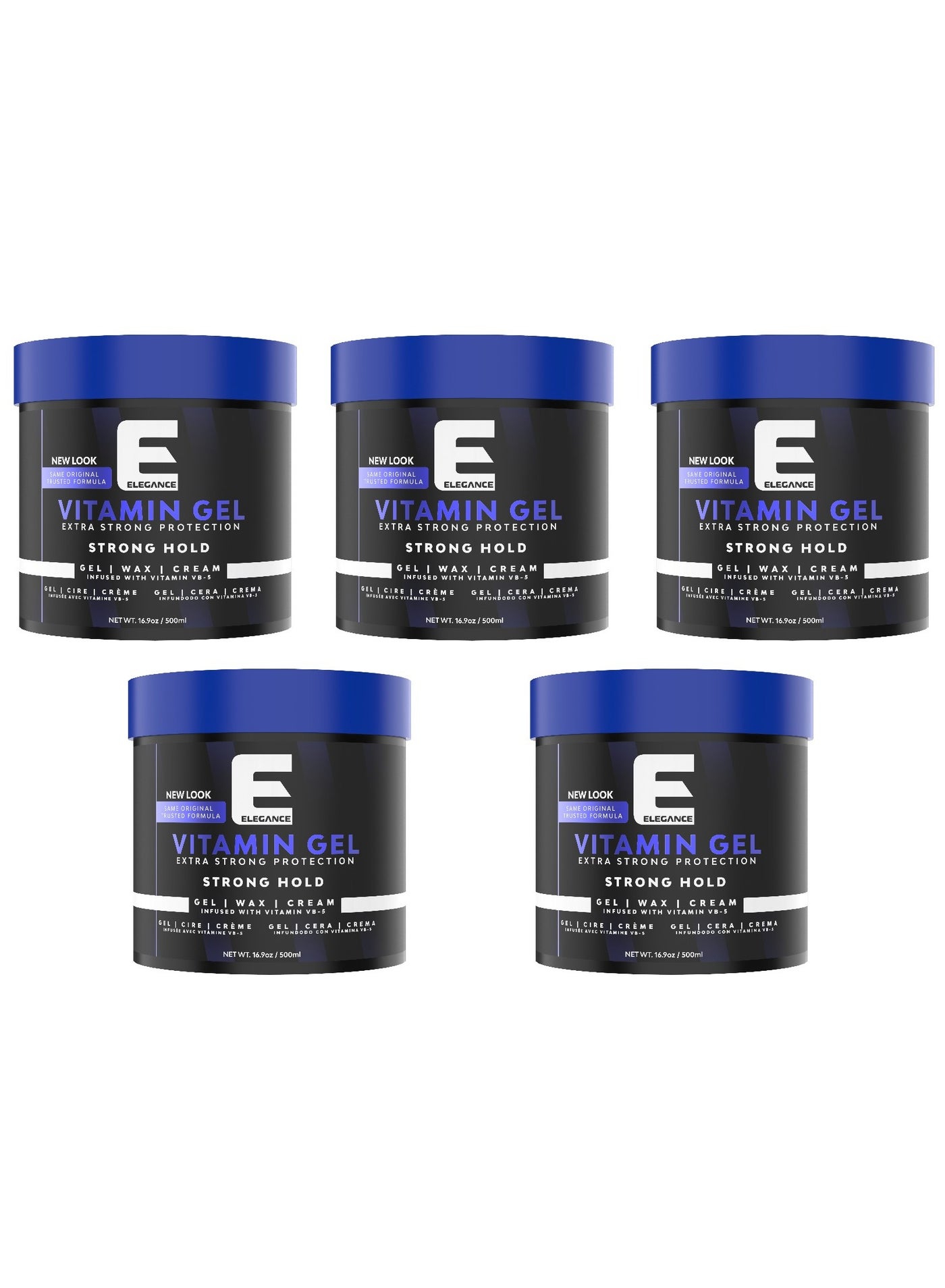 Elegance-E Series Vitamin Gel – Blue – 500ml – Pack of 5 | Strong Hold, Pro-VB-5 Enriched, Flake-Free Shine & Volume