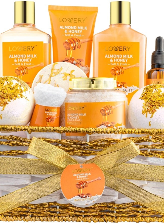 Gift Basket for Women - 10 Pc Almond Milk & Honey Beauty & Personal Care Set - Home Bath Pampering Package for Relaxing - Spa Self Care Kit - Thank You, Birthday, Mom, Anniversary Gift