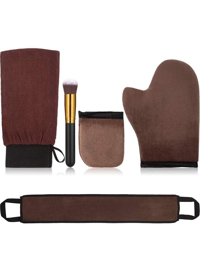 5 Pieces Self Tanning Mitt Applicator Kit, Includes Exfoliating Glove, Tanning Mitt, Mini Face Mitt, Back Lotion Applicator with Self Tanner Brush Large Flat Top Makeup Brush (Brown)