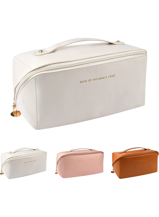 Large Capacity Travel Cosmetic Bag Multifunctional Storage Makeup Bag PU Leather Makeup Bag with Handle& Divider Travel Bags for Women-Off White