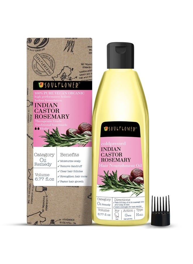 Rosemary Castor Hair Oil for Hair Growth, Hairfall Control, For Dry, Damaged, Curly, Coily, Frizzy & Beard Hair - 100% Pure, Vegan, Clinically Proven, Ecocert Cosmos Organic Certified, 6.77