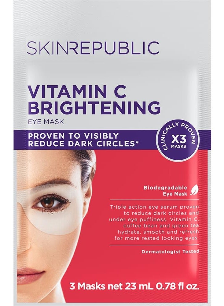 Brightening Eye Mask (3 Pairs) - Triple Action Serum with Vitamin C, Coffee Bean & Green Tea, Reduces Dark Circles, Puffiness & Fatigue, Hydrating, Smoothing & Dermatologist Tested